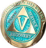 5 Year AA Medallion Elegant Glitter Aqua Turquoise Gold & Silver Plated Sobriety Chip