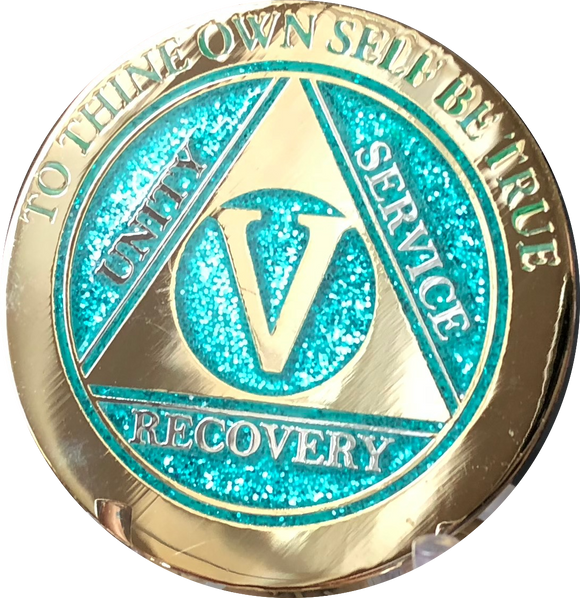 5 Year AA Medallion Elegant Glitter Aqua Turquoise Gold & Silver Plated Sobriety Chip