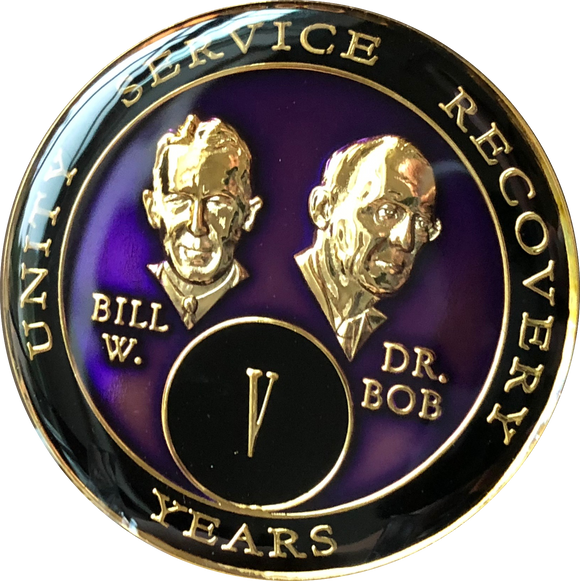 5 Year AA Founders Medallion Purple Tri-Plate Sobriety Chip Bill & Bob Coin