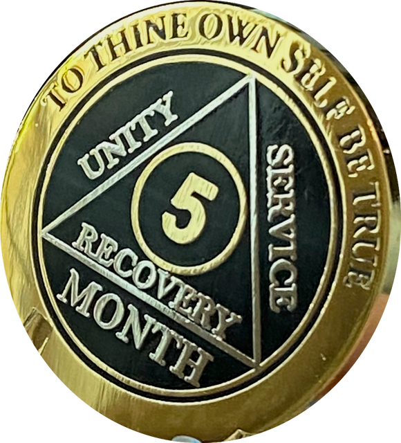 5 Month AA Medallion Reflex Black Gold Plated Sobriety Chip