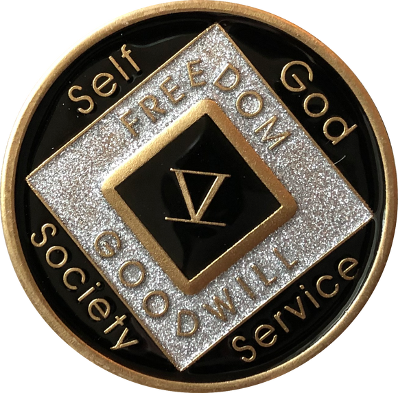 5 Year NA Medallion Official Black Silver Glitter Tri-Plate Narcotics Anonymous Chip