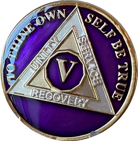 5 Year AA Medallion Metallic Purple Tri-Plate Sobriety Chip