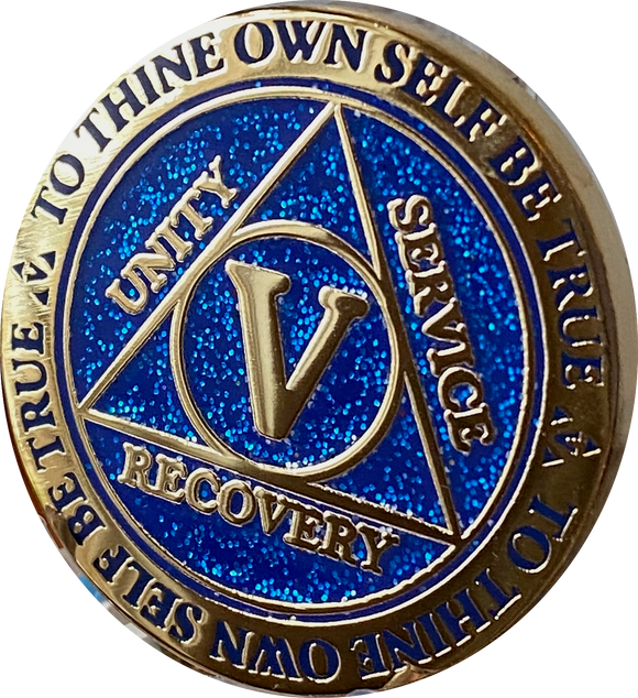 5 Year AA Medallion Reflex Blue Glitter Gold Plated Sobriety Chip