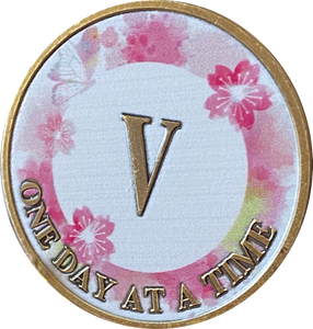 5 Year One Day At A Time Pink Lotus Flower Butterfly Medallion Serenity Prayer Chip AA NA