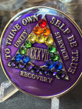 37 Year AA Medallion Purple Tri-Plate Rainbow Swarovski Crystal Sobriety Chip