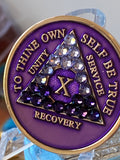 10 Year AA Medallion Purple Tri-plate Transition Crystal Sobriety Chip