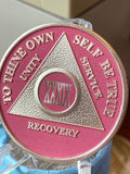 39 Year AA Medallion Pink Silver Plated Sobriety Chip Serenity Prayer Back