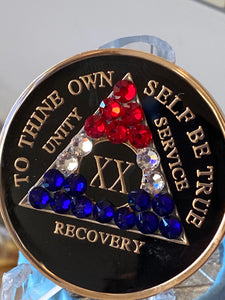 20 Year AA Medallion Red White Blue Crystal Black Serenity Prayer Sobriety Chip