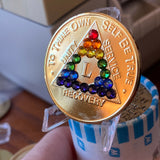 50 Year AA Medallion Gold Plated Rainbow LGBT Crystal Sobriety Chip