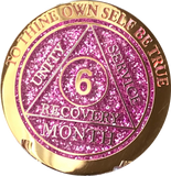 6 Month AA Medallion Reflex Pink Glitter Gold Plated Sobriety Chip