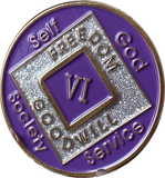 6 Year NA Clean Time Chip Purple Silver Glitter Official Narcotics Anonymous Medallion