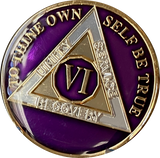 6 Year AA Medallion Metallic Purple Tri-Plate Sobriety Chip Serenity Prayer Coin