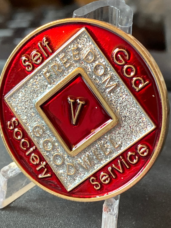 5 Year NA Clean Time Chip Red Silver Glitter Narcotics Anonymous Medallion
