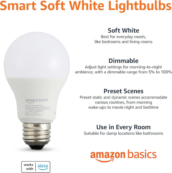 Amazon Basics Smart A19 LED Light Bulb, Dimmable Soft White (2700K), 9W (60W Equivalent), 800LM, Works with Alexa Only, 2.4 GHz Wi-Fi, No Hub Required
