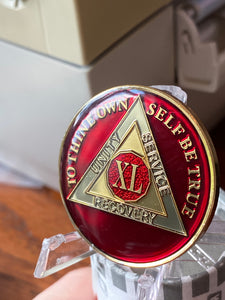 40 Year AA Medallion Metallic Mandarin Red Tri-Plate Sobriety Chip