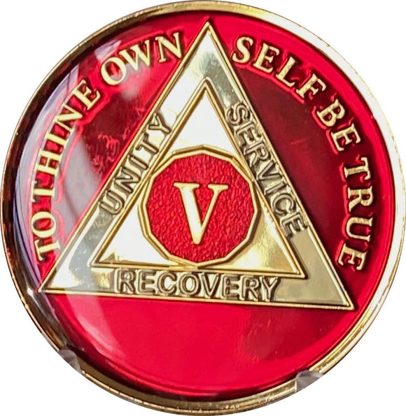 5 Year AA Medallion Mandarin Red Tri-Plate Sobriety Chip Serenity Prayer Back