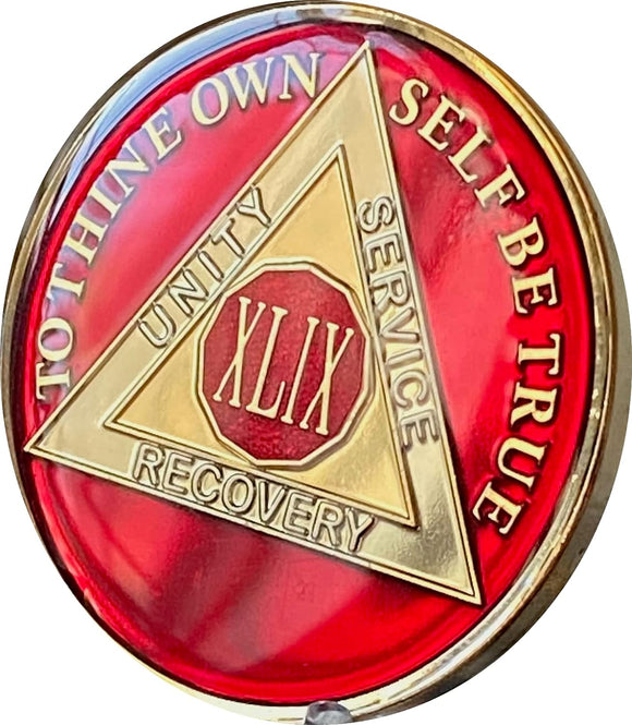 49 Year AA Medallion Metallic Mandarin Red Tri-Plate Sobriety Chip