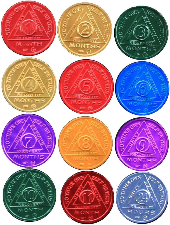 24 Coin 2 Sets of 12 Month 1-11 and 24 Hours AA Medallions Aluminum Colored Sobriety Chips