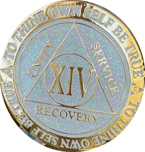 14 Year AA Medallion Reflex White Glitter Gold Plated Sobriety Chip