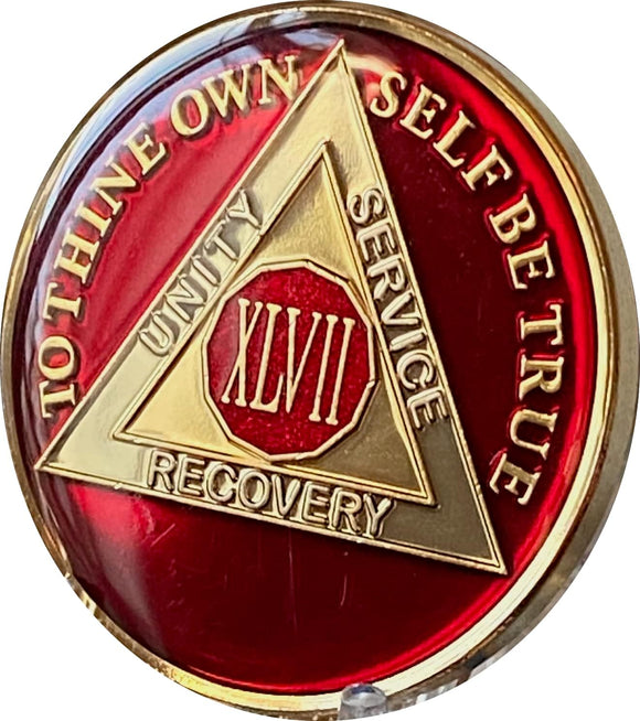 47 Year AA Medallion Metallic Mandarin Red Tri-Plate Sobriety Chip