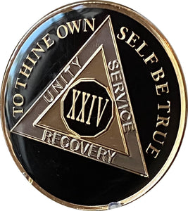 24 Year AA Medallion Classic Black Tri-Plate Serenity Prayer Sobriety Chip