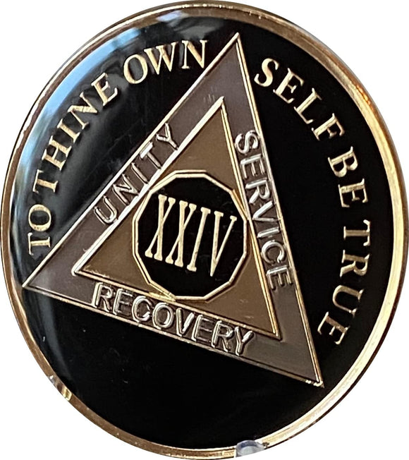 24 Year AA Medallion Classic Black Tri-Plate Serenity Prayer Sobriety Chip