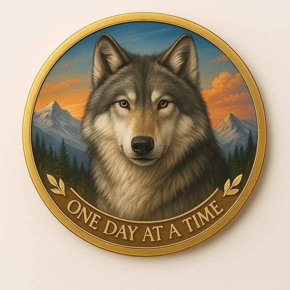 Gray Wolf Canis Lupus Mountains One Day at A Time Medallion Serenity Prayer Chip