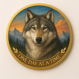 Gray Wolf Canis Lupus Mountains One Day at A Time Medallion Serenity Prayer Chip