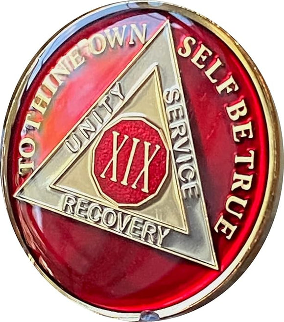 19 Year AA Medallion Metallic Mandarin Red Tri-Plate Sobriety Chip