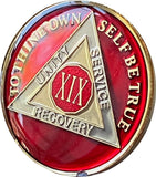 19 Year AA Medallion Metallic Mandarin Red Tri-Plate Sobriety Chip