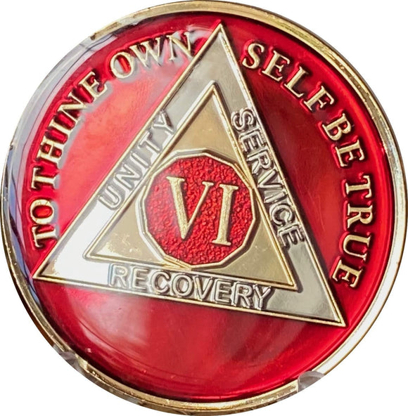 6 Year AA Medallion Mandarin Red Tri-Plate Sobriety Chip Serenity Prayer Back
