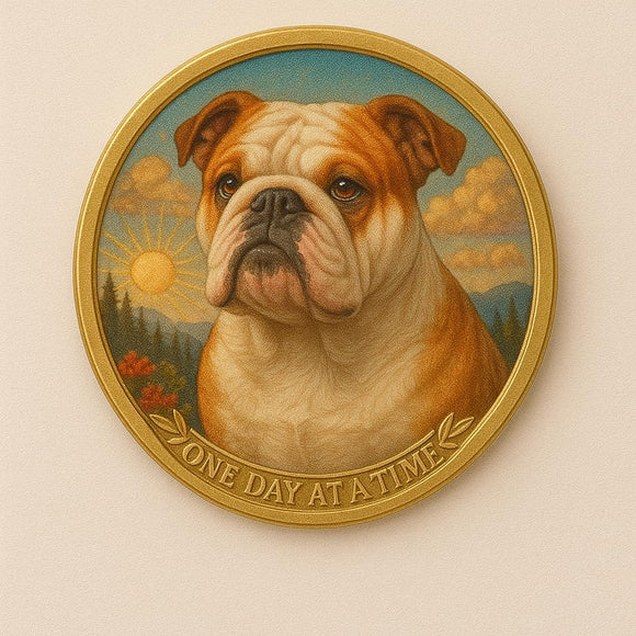 English Bulldog Color One Day At A Time Medallion Serenity Prayer Dog Chip