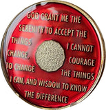 5 Year AA Medallion Mandarin Red Tri-Plate Sobriety Chip Serenity Prayer Back