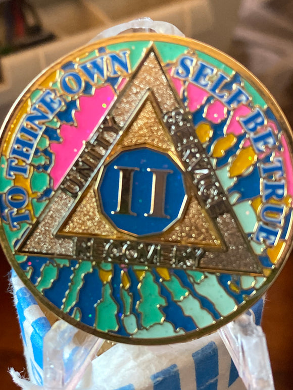 2 Year AA Medallion Hippie Tie Dye Pink Teal Sobriety Chip Serenity Prayer Back