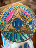2 Year AA Medallion Hippie Tie Dye Pink Teal Sobriety Chip Serenity Prayer Back