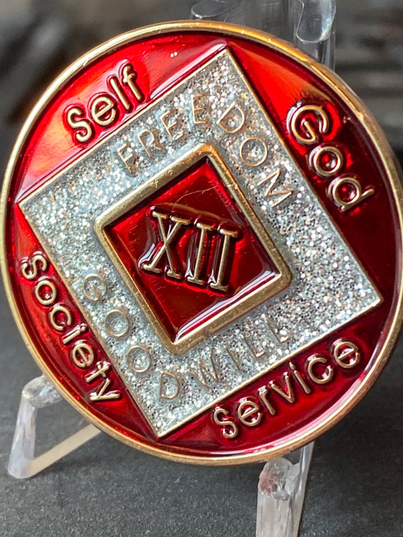 12 Year NA Clean Time Chip Red Silver Glitter Narcotics Anonymous Medallion
