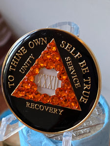 32 Year AA Medallion Black Orange Crystal Sobriety Chip