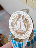 1 Year AA Medallion .999 Fine Silver 1 oz Sobriety Chip Serenity Prayer Back Elegant Design
