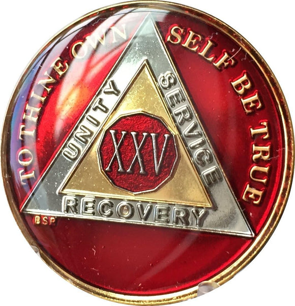 25 Year AA Medallion Mandarin Red Tri-Plate Sobriety Chip