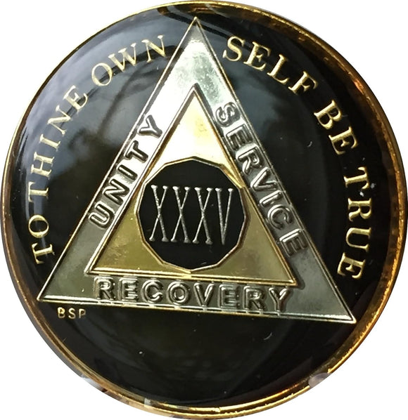 35 Year AA Medallion Glossy Classic Black Tri-Plate Sobriety Chip Serenity Prayer Back