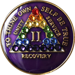 2 Year AA Medallion Purple Tri-Plate Rainbow Swarovski Crystal Sobriety Chip