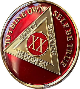 20 Year AA Medallion Metallic Mandarin Red Tri-Plate Sobriety Chip