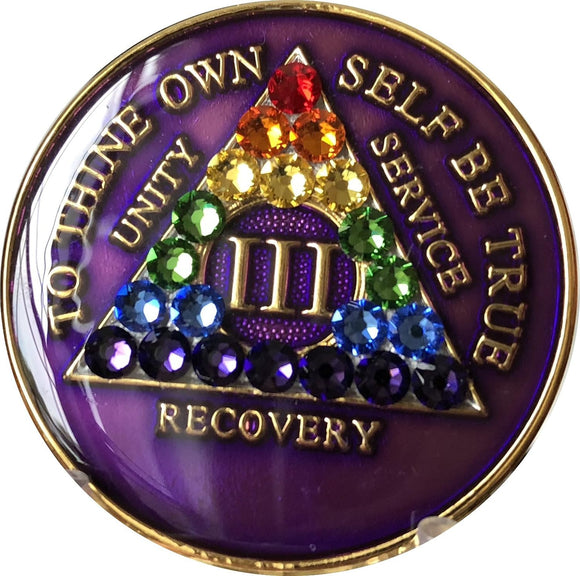 3 Year AA Medallion Purple Tri-Plate Rainbow Swarovski Crystal Sobriety Chip