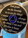 15 Year AA Medallion Blue Tri-Plate Sobriety Chip Serenity Prayer Back