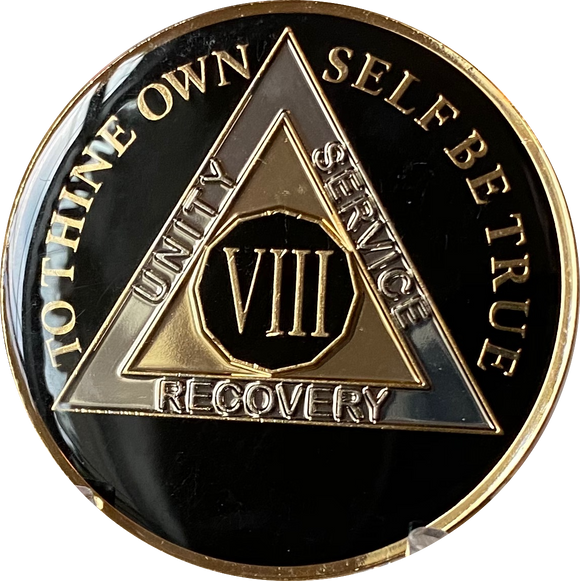 8 Year AA Medallion Glossy Classic Black Tri-Plate Sobriety Chip