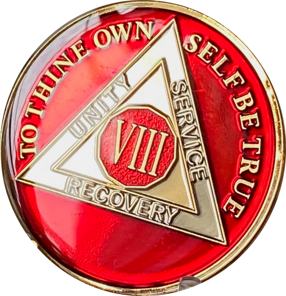 8 Year AA Medallion Metallic Mandarin Red Tri-Plate Sobriety Chip