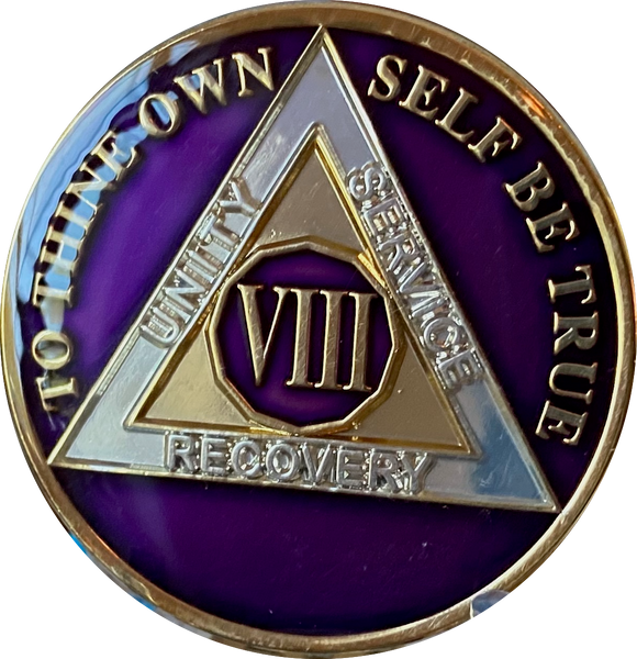 8 Year AA Medallion Metallic Purple Tri-Plate Sobriety Chip