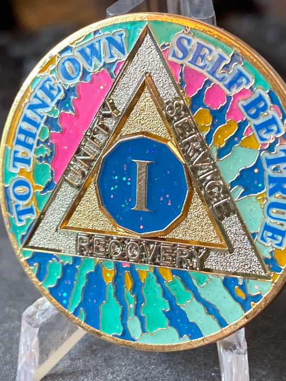 1 Year AA Medallion Hippie Tie Dye Pink Teal Sobriety Chip Serenity Prayer Back