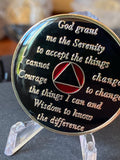 23 Year AA Medallion Glossy Red Tri-Plate Sobriety Chip Serenity Prayer Back