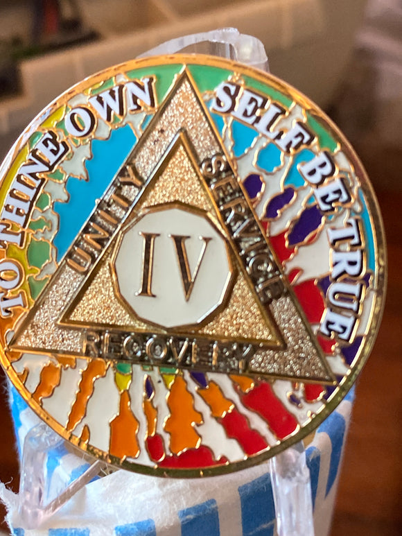 4 Year AA Medallion Hippie Tie Dye Sobriety Chip Serenity Prayer Back